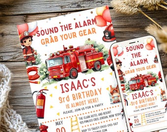 Editable Fire Truck Birthday Invitation Template: Canva Evite (Digital Download 5x7" & 1080x1920 px )