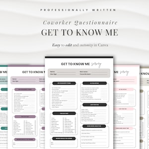 May include: Four printable "Get to Know Me" surveys in different colors: teal, purple, gray, and pink. Each survey has sections for "My Favorite Things", "In the Office", "Just for Fun", "True or False", and "Some More About Me".