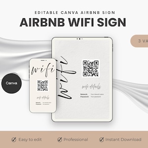 Könnte beinhalten: Editierbare Canva Airbnb WiFi-Schildvorlage mit drei Variationen. Das Schild zeigt einen QR-Code, das Wort "wifi" in einer handschriftlichen Schriftart und den Text "wifi details" mit Platzhaltern für Netzwerkname und Passwort.