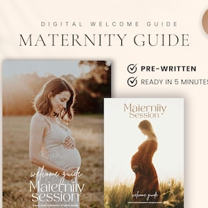Peut inclure: Guide de bienvenue numérique pour les séances de maternité. La couverture présente une femme enceinte. Le guide est pré-écrit et prêt en 5 minutes. Il contient 37 pages. Le texte indique 'Guide de maternité' et 'Séance de maternité'.