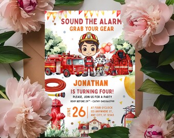 Editable Fire Truck Birthday Invitation Template: Canva Evite (5x7, 1080x1920 px) (Digital Download)