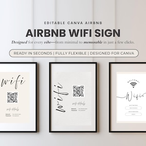 Könnte beinhalten: Drei druckbare Schilder für Airbnb-Gäste, jedes mit einem anderen Design. Das erste Schild sagt "wifi" mit einem QR-Code und Platz für Netzwerkdetails. Das zweite Schild sagt "wifi" mit einem QR-Code und Platz für Netzwerkdetails. Das dritte Schild sagt "Willkommen! Wifi's" mit einem Wifi-Symbol und Platz für Netzwerk- und Passwortdetails.