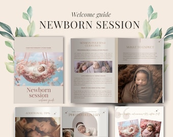 Pre-written Newborn Session Photography Welcome guide, Boho magazine Canva Template, Newborn Pricing list, Minimalist Photograher template