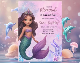 Mermaid 2nd Birthday Invitation: Under the Sea Party (Canva Template Digital Download)