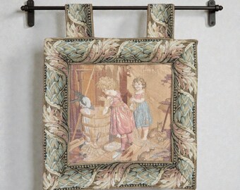 Vintage French Tapestry Size 32x31 cm, Small Tapestry, Portrait tapestry, Village life tapestry, Colorful tapestry, Wall Hanging Tapestry