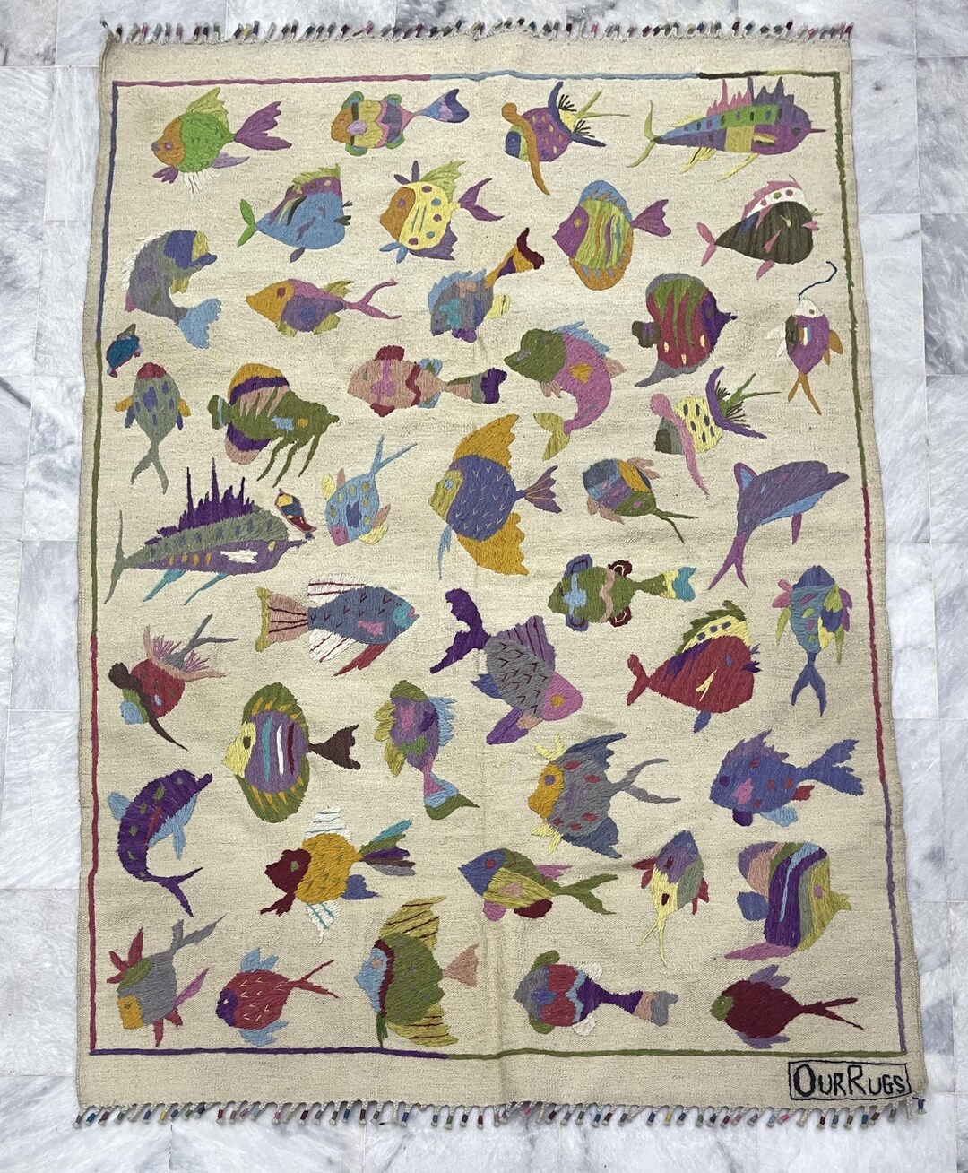 Kilim Fish Rug Hand Knotted Wool Kids Rug: Beige Fish Kilim, Bohemian Decor (4.1x5.11 ...