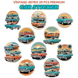 May include: Twenty vintage-retro car stickers featuring a variety of classic cars in blue and orange colours. The stickers are perfect for adding a touch of nostalgia to your car, laptop, or water bottle.