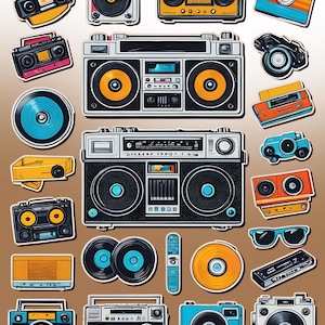 Retro Boombox, Cassette Sticker Sheet - Printable PNG  PDF - Vintage Music Stickers - Scrapbooking & Journaling