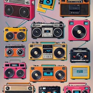 Vintage Boombox Cassette Sticker Sheet - Printable PNG & PDF - Retro Music Decals