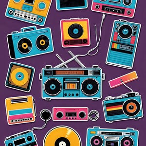 Retro Music Sticker Sheet - Printable PNG-PDF - Vintage Boombox Stickers - Scrapbooking & Journaling