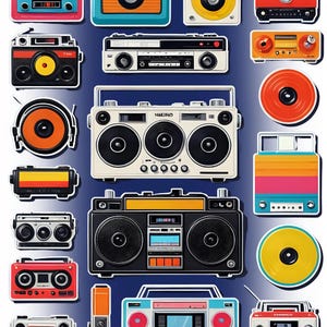 Retro Music Sticker Sheet - Printable PNG-PDF - Vintage Cassette  Boombox Stickers - Scrapbooking & Journaling