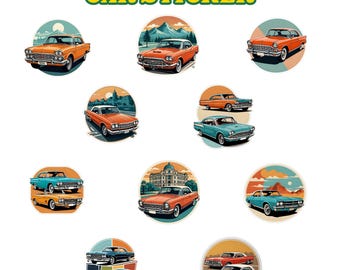 Puede incluir: Diez pegatinas de coches vintage-retro que presentan coches de diferentes colores en varios escenarios. Las pegatinas son redondas y tienen un fondo blanco con un borde de colores.