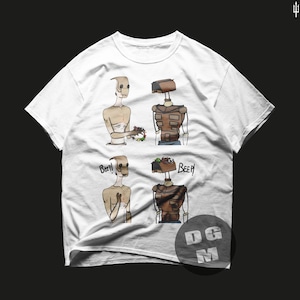 Könnte beinhalten: Weißes T-Shirt mit einer Cartoon-Illustration von zwei Figuren, einem Menschen und einem Roboter, in vier verschiedenen Posen. Der Text "Beep!" erscheint zweimal auf dem Shirt.