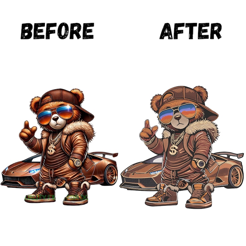 May include: A brown teddy bear wearing a brown leather jacket, sunglasses, and a baseball cap, standing next to a brown sports car. The bear is holding a gold chain with a dollar sign pendant. The words "BEFORE" and "AFTER" are written above the image.