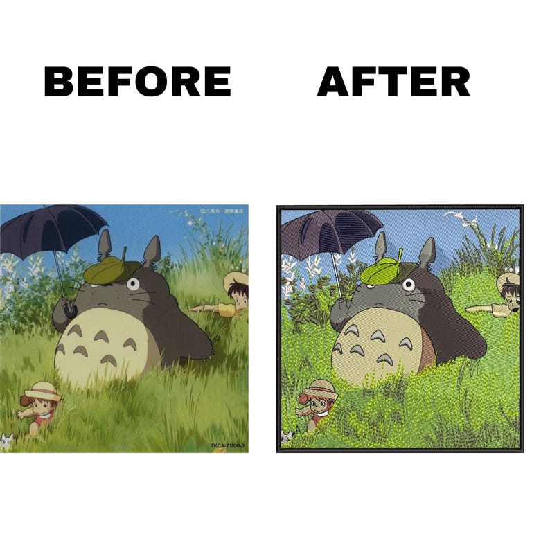 May include: A before and after image showing a cartoon character, Totoro, in a field of grass. The image on the left is a drawing, and the image on the right is a cross-stitch embroidery.
