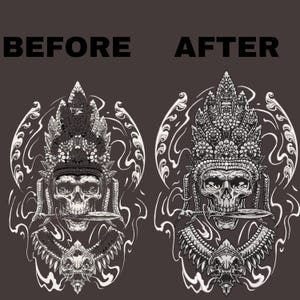 May include: A black and white illustration of a skull wearing a ornate headdress with a dagger in its mouth. The skull is surrounded by swirling smoke and a decorative pattern.