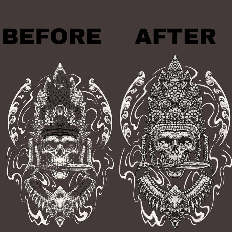 May include: A black and white illustration of a skull wearing a ornate headdress with a dagger in its mouth. The skull is surrounded by swirling smoke and a decorative pattern.
