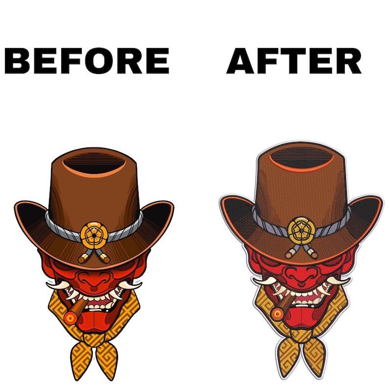 May include: A red and orange demon face wearing a brown cowboy hat with a gold band and a gold flower design. The demon is smoking a cigar and has a yellow and gold patterned bandana around its neck.