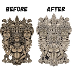 May include: A detailed illustration of a deity with multiple faces and a crown, surrounded by intricate floral and architectural elements. The deity is depicted with a serene expression and a flowing garment.