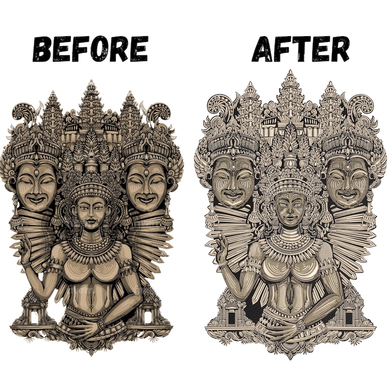 May include: A detailed illustration of a deity with multiple faces and a crown, surrounded by intricate floral and architectural elements. The deity is depicted with a serene expression and a flowing garment.