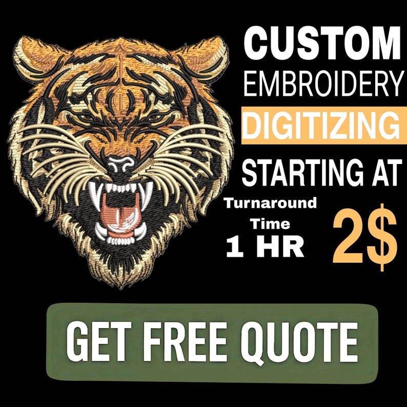 May include: A digital embroidery design of a tiger's head with a fierce expression. The design is available for custom digitizing starting at $2 with a 1-hour turnaround time. Get a free quote.