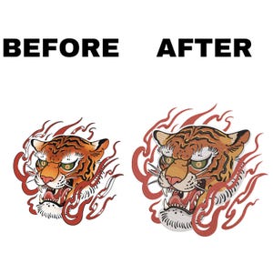 May include: A before and after image of a tiger head tattoo design. The tiger is depicted with a fierce expression, its mouth open and teeth bared. The tiger is surrounded by flames, which are red and orange in color. The before image shows the tattoo design in a more traditional style, while the after image shows the tattoo design in a more modern style.