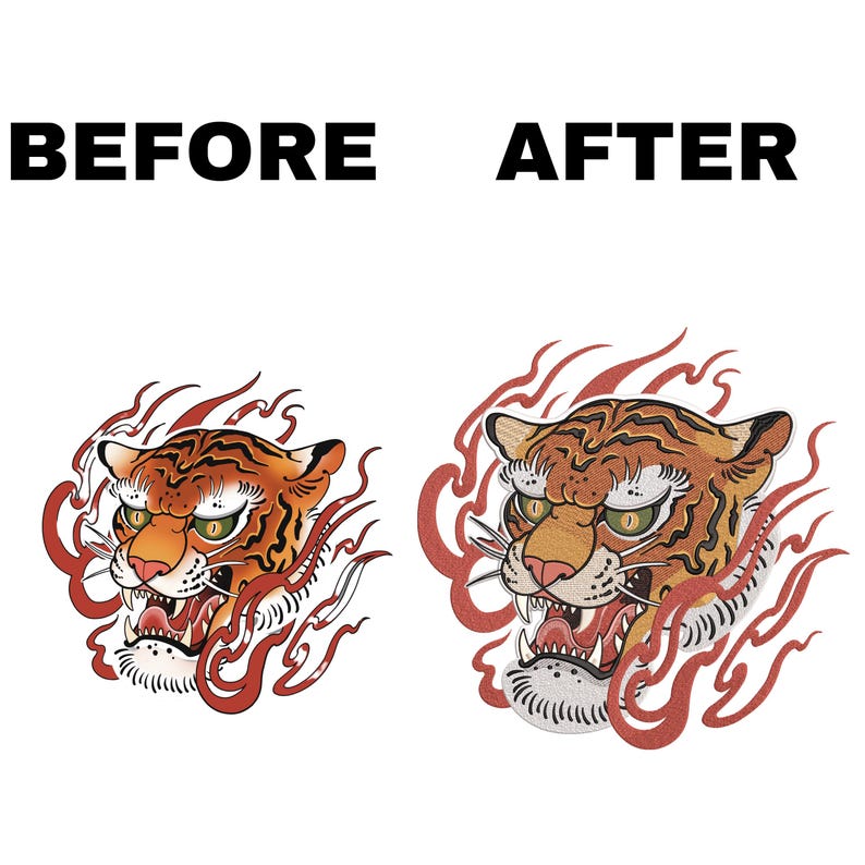 May include: A before and after image of a tiger head tattoo design. The tiger is depicted with a fierce expression, its mouth open and teeth bared. The tiger is surrounded by flames, which are red and orange in color. The before image shows the tattoo design in a more traditional style, while the after image shows the tattoo design in a more modern style.
