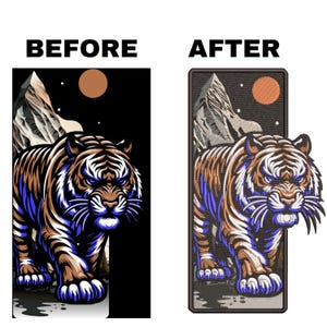 May include: Before and after image of a tiger illustration. The before image shows a tiger with blue stripes against a black background with a mountain and a red moon. The after image shows a tiger with brown stripes against a brown background with a mountain and a red moon. Both images have the words "BEFORE" and "AFTER" above them.