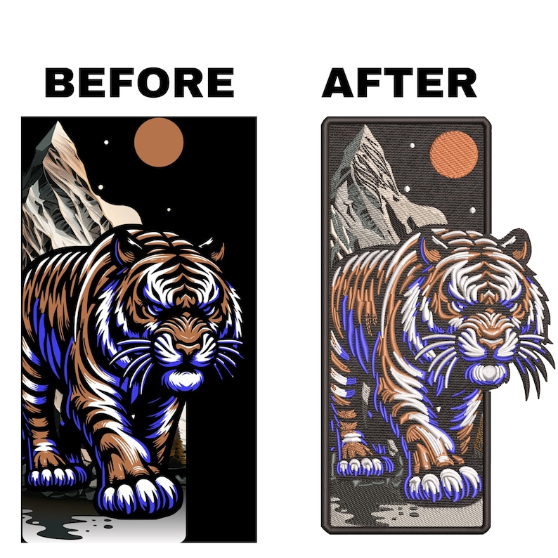 May include: Before and after image of a tiger illustration. The before image shows a tiger with blue stripes against a black background with a mountain and a red moon. The after image shows a tiger with brown stripes against a brown background with a mountain and a red moon. Both images have the words "BEFORE" and "AFTER" above them.