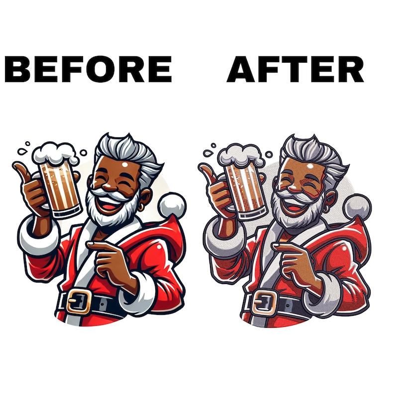 May include: A cartoon illustration of a Santa Claus with a white beard and a red suit holding a glass of beer. He is smiling and looking to the right. The text "BEFORE" and "AFTER" are above the image.