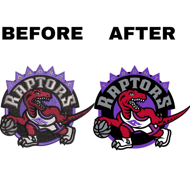 May include: A purple and black Toronto Raptors logo with a red dinosaur mascot dribbling a basketball. The dinosaur is wearing a white jersey with a red "R" on the front.