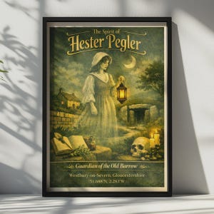 May include: A framed poster titled The Spirit of Hester Pegler, Guardian of the Old Barrow, Westbury-on-Severn, Gloucestershire, 51.688 N, 2.283 W. It depicts a person in a dress holding a lantern near a stone structure, a skull, and a book.