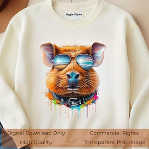 Niedliche Capybara PNG Digital Download Hipster Sonnenbrillen Farbe Splatter Art Design für T-Shirts Tassen Haustier Art Clipart