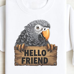Colorful African Grey Parrot PNG: Hello Friend Clipart (Digital Download)