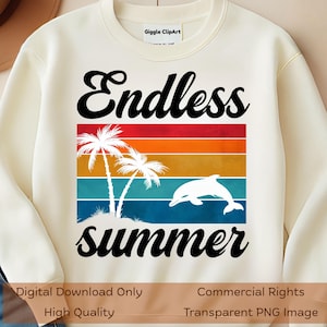 Grafica PNG con delfini e palme, design per le vacanze, clipart, download digitale di "Retro Beach Vibes Endless Summer"