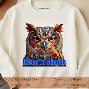 Gekleurde uilkunst PNG-sublimatieontwerp voor T-shirts enz. Wildlife illustratie met citaat "Listen to Silence", schattige natuurafbeelding