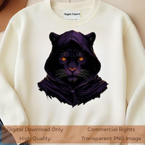 ブラックパンサーPNGフード付き神秘的な動物デジタルアート、ファンタジーファンギフト、魔法の大きな猫Tシャツデザインとダークな美的装飾