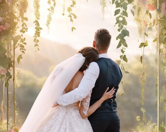 May include: A bride and groom stand under a floral archway, embracing and looking out at the sunset. The bride is wearing a white lace wedding dress with a veil, and the groom is wearing a dark suit and a white shirt. The archway is decorated with pink, white, and purple flowers.