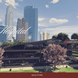 Op de afbeelding: Een architecturale weergave van een modern ziekenhuisgebouw met de tekst "MLO Aldore Hospital" in een gestileerd lettertype. De afbeelding toont een stadsgezicht met hoge gebouwen en een helderblauwe lucht.