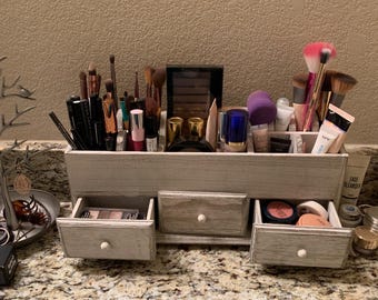 Wooden Makeup Organizer With 3 Drawers | Wooden Drawer Box | Storage Organizer | Jewelry Organizer | Makeup Brush Holder | Desk Organizer