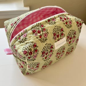 CUSTOM Large Quilted Floral Cosmetic Bag: Large Blockprint Toiletry Organizer