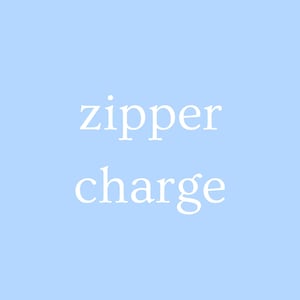 May include: A light blue square background featuring the white text zipper charge centered in the middle. The text is written in a simple serif font, with the word zipper positioned above the word charge in a clear and legible format.