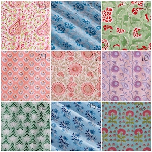 The image is a collage of nine different fabric patterns, each with unique designs and colors. The patterns include floral designs, geometric shapes, and abstract motifs. The images showcase a variety of fabric textures and patterns, providing a diverse selection for potential customers or designers to choose from.