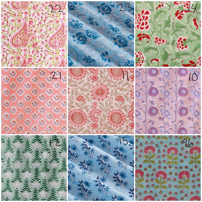 The image is a collage of nine different fabric patterns, each with unique designs and colors. The patterns include floral designs, geometric shapes, and abstract motifs. The images showcase a variety of fabric textures and patterns, providing a diverse selection for potential customers or designers to choose from.