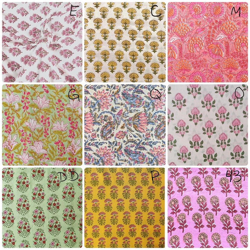 nine different fabric patterns, each with unique designs and colors. The patterns include floral designs, paisley motifs, and abstract patterns. The images are arranged in a grid format, showcasing a variety of fabric textures and patterns.