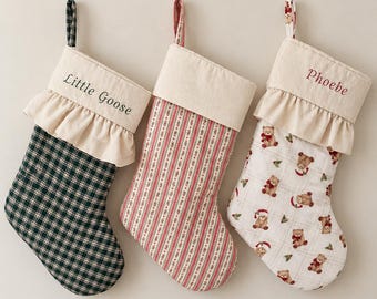 Handmade embroidered personalized christmas stockings with embroidery, ruffle cuffs, and fabric options