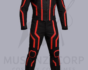 May include: Black two-piece costume with red accents. The jacket has a zip-up front and red stripes. The pants have matching red stripes and knee pads. The costume is displayed on a mannequin.