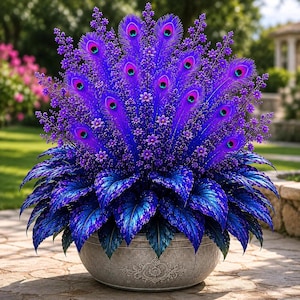 May include: A decorative arrangement in a round, light gray stone planter featuring vibrant purple peacock feathers and small purple flowers. The base of the display consists of large, pointed blue and purple leaves with a metallic sheen.