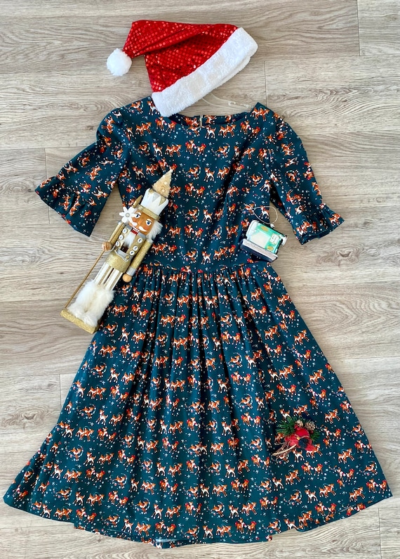 Handmade Cotton 1960 s Retro Green Rudolph the Reindeer Christmas Dress in Size Medium Etsy