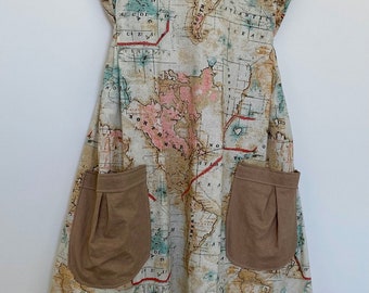 Handmade Vintage and Travel Inspired Cotton Dress with Pockets in Size Medium